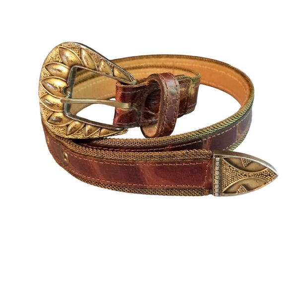 Accessories - Mock Croc Brown Leather Chain Belt, Size Small, Witchy Western